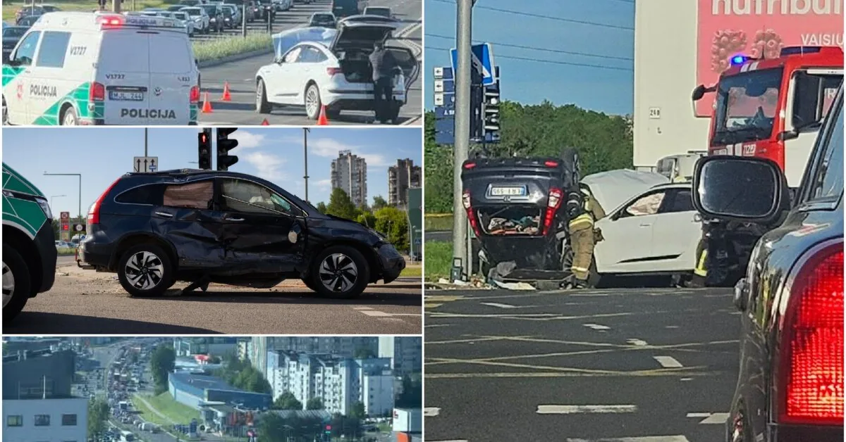 Traffic jam caused by an accident on Ukmergė Street in Vilnius: one car overturned