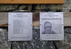 At base camp, Saulius attached memorial plaques to honor his comrade Ernestas Markšaitis and other climbers who died here ten years ago from terrorist bullets