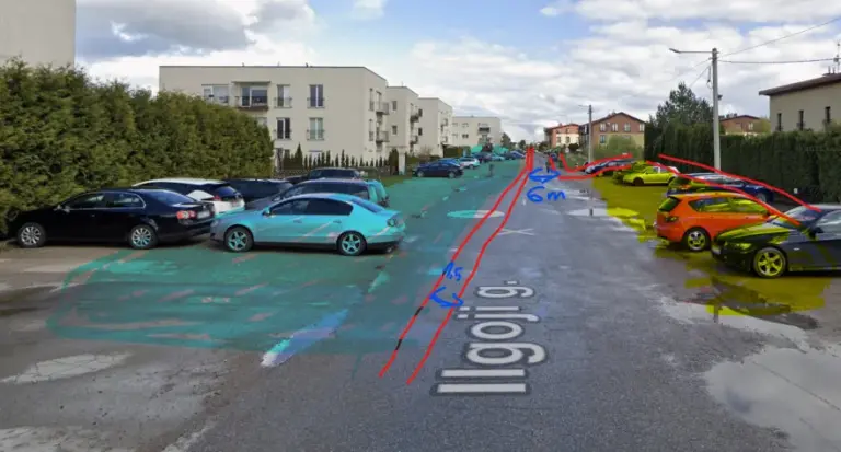 15min skaitytojo nuotr./Automobilių statymas Užliedžių Ilgojoje gatvėje: mėlyna zona – privatus sklypas, raudona – planuojami šaligatviai, geltona – savivaldybės aikštelė