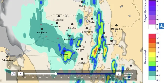 Meteo.lt/Rainfall amount in Lithuanian districts on June 6, 2 AM.