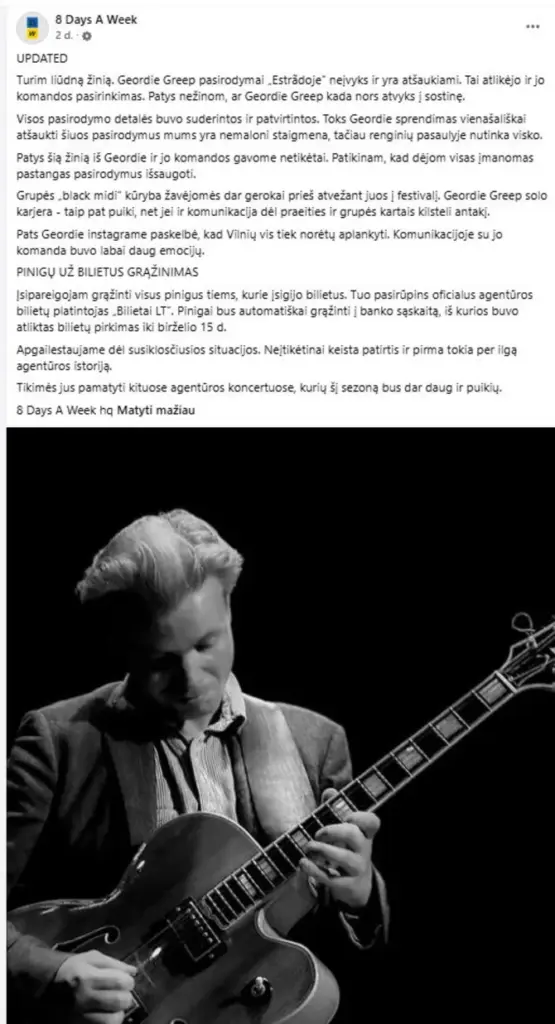 Screenshot/„8 Days A Week“ post about cancelled Geordie Greep concerts