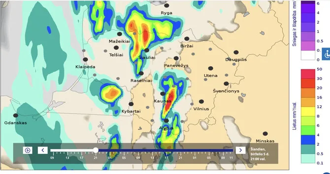 Meteo.lt/Rainfall amount in Lithuanian districts on June 5, 9 PM.