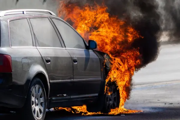 A car was ablaze in Lentvaris, officials are investigating arson