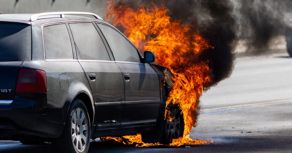A car was ablaze in Lentvaris, officials are investigating arson