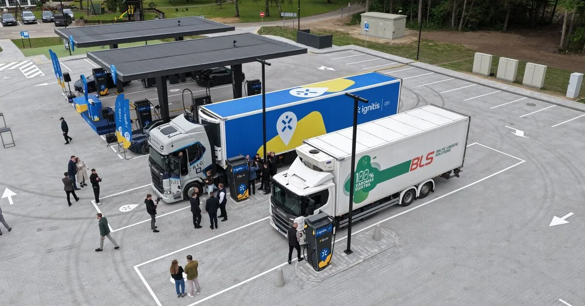 A new generation electric vehicle charging park opened on the Vilnius–Klaipėda road
