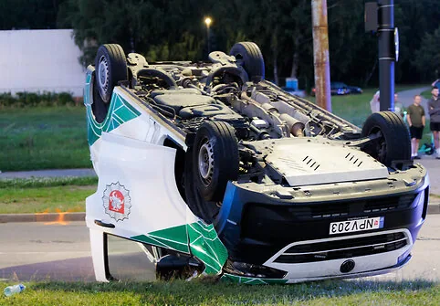During the accident, the police car overturned onto its roof