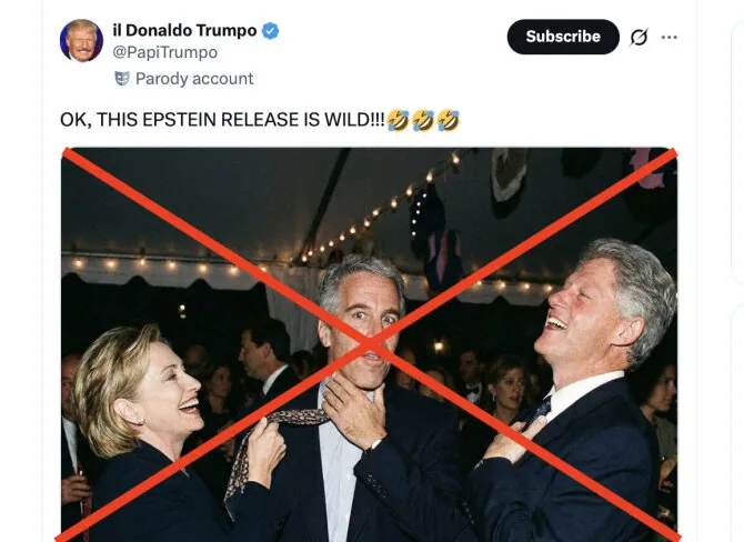 Screenshot from „X“/An AI-generated photo of Hillary and Bill Clinton and Jeffrey Epstein first appeared on a parody page on „X“