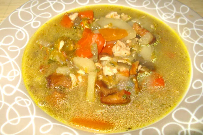 Vegetable - chanterelle soup with chicken