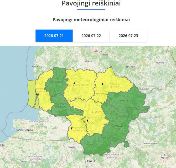 Meteo Lt nuotr./Geltonas įspėjimas liepos 21 d.