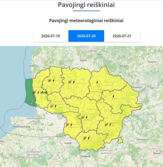 Meteo Lt nuotr./Įspėjimai dėl galimų pavojingų orų.