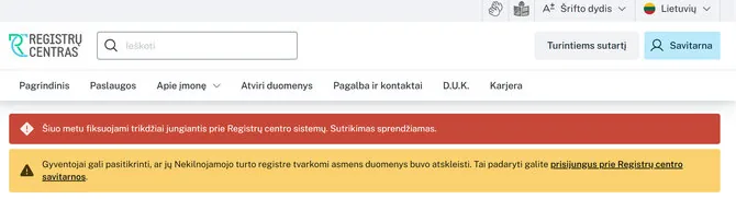 Screenshot/Disruption of the Register Center's operation