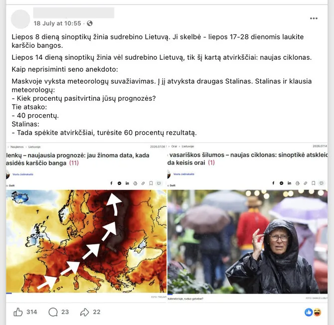 Screenshot from Facebook/This post compares forecasts for Poland and Lithuania, therefore, the information provided by meteorologists is unreasonably mocked