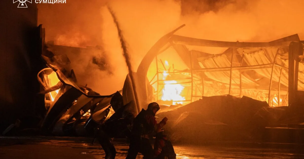 A nighttime Russian drone attack in Sumy damaged a shopping center and an apartment building
