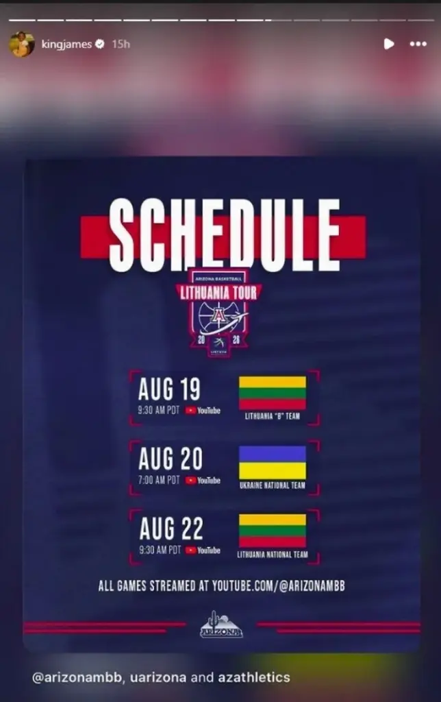 Instagram screenshot/LeBron James instagram story about three Arizona «Wildcats» games in Lithuania