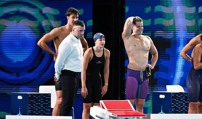 LTU Aquatics/Dariaus Kibirkščio nuotr./Europos plaukimo čempionato akimirka. Danas Rapšys, Tomas Navikonis, Ieva Jurkūnaitė, Sylvia Statkevicius,