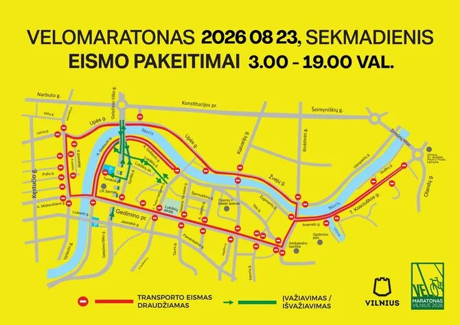 Eismo pakeitimai Velomaratono metu Vilniuje