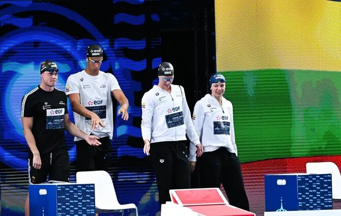 LTU Aquatics/Dariaus Kibirkščio nuotr./Europos plaukimo čempionato akimirka. Danas Rapšys, Tomas Navikonis, Ieva Jurkūnaitė, Sylvia Statkevicius,