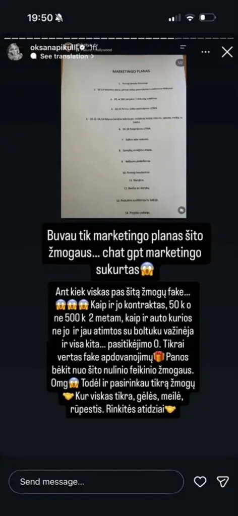 Socialinių tinklų nuotr./Oksanos Pikul įrašas