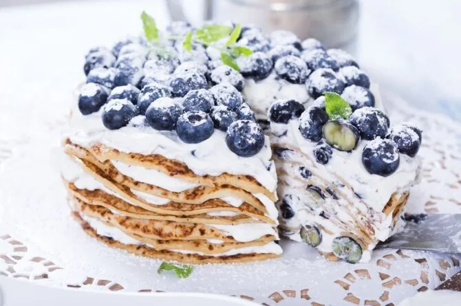 Pancake cake with mascarpone cream and berries