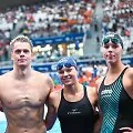 Europos plaukimo čempionato akimirka. Danas Rapšys, Tomas Navikonis, Ieva Jurkūnaitė, Sylvia Statkevicius,