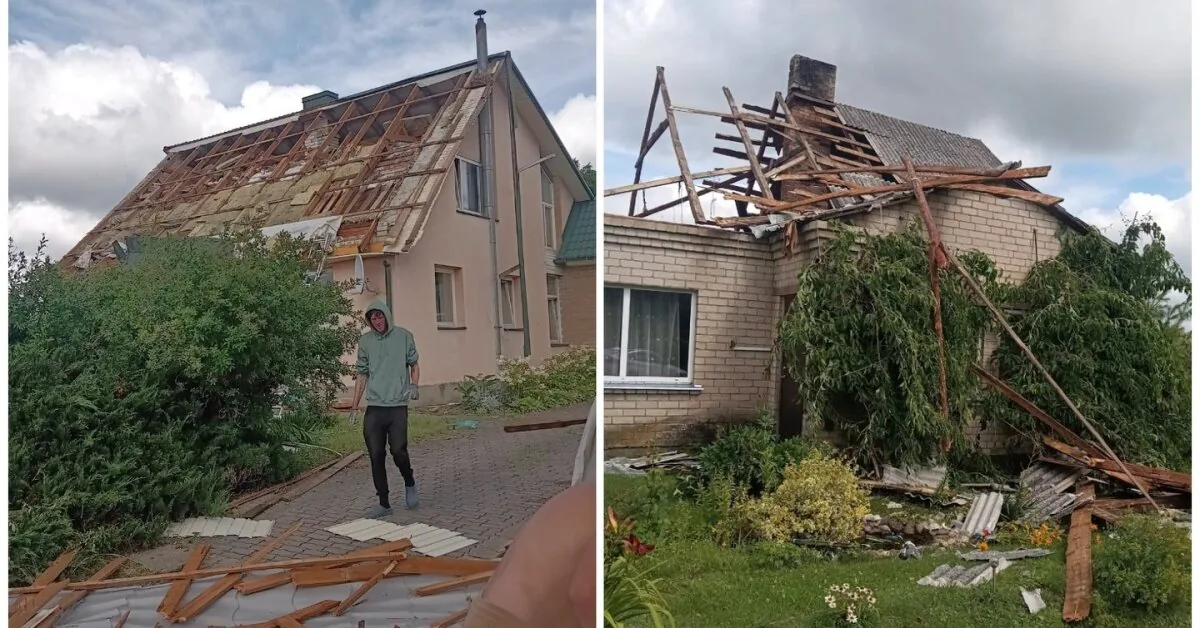 Storm hit Varėna district: Roofs of houses and buildings torn off in Puodžiai village, many fallen trees