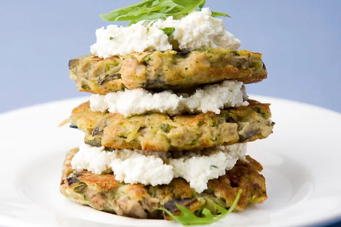 Zucchini and eggplant pancakes with curd cheese