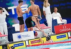 Moment from the European Swimming Championships. Sylvia Statkevicius, Kristupas Trepočka, Ieva Jurkūnaitė, Tajus Juška