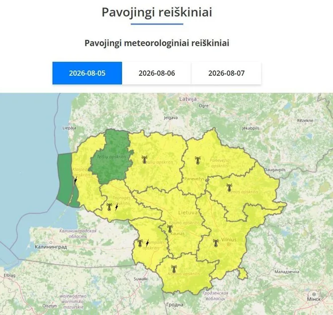 Meteo Lt nuotr./Perspėjimų žemėlapis rugpjūčio 5 d.