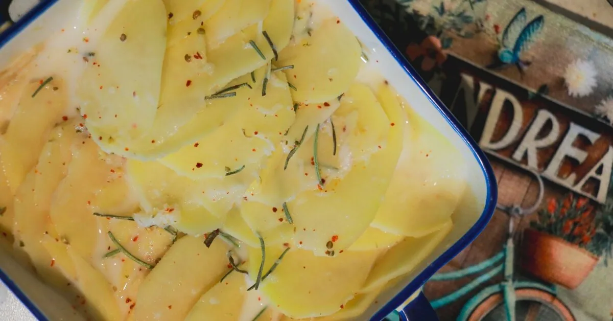 Unexpected combination: hearty fresh potato casserole with pears and crispy bacon