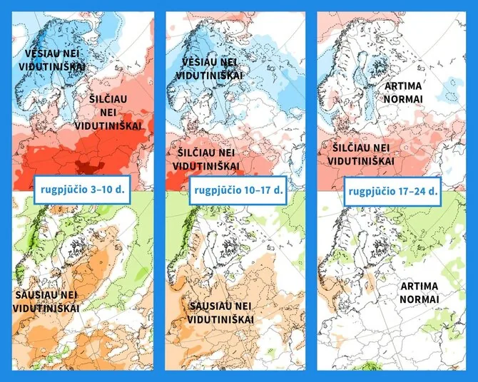 Meteo Lt photo/ECMWF model air temperature (top) and precipitation amount (bottom) anomaly forecasts for the coming weeks