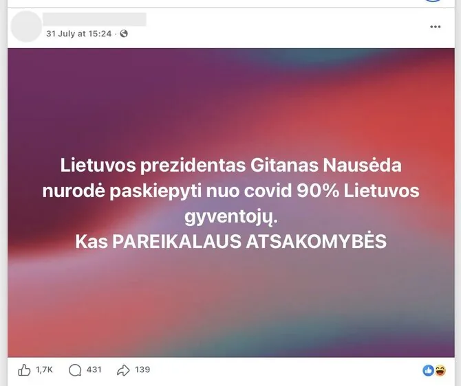 Screenshot from Facebook/President Gitanas Nausėda set a goal to vaccinate 90% of the population against coronavirus, but it was not an order