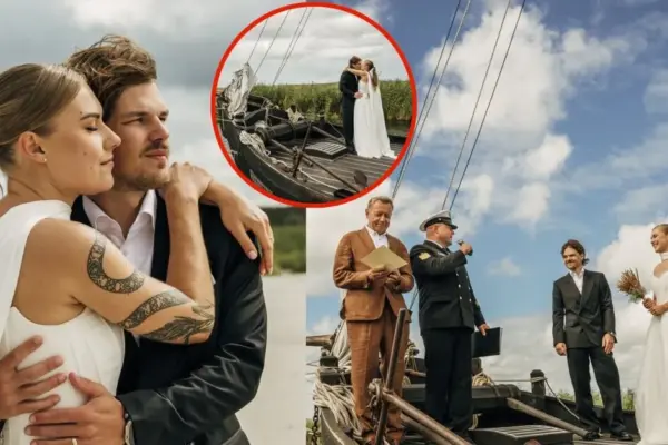 Unusual Wedding of Aistė and Saimonas in Pamarys: Instead of an Altar – a Fishing Boat, and the Priests Were Replaced by the Grooms' Fathers