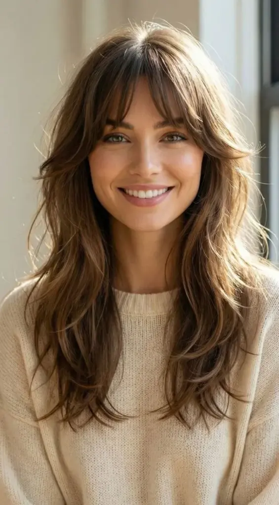 Photo from Pinterest/“Butterfly” cut with long bangs