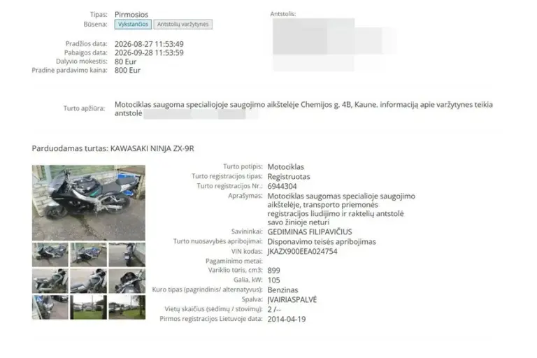 evarzytines.lt nuotr./Varžytinėse parduodamas G. Filipavičiaus motociklas