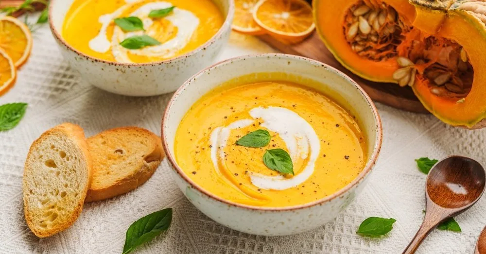 Autumn queen on a plate: creamy pumpkin and apple soup with crispy bacon