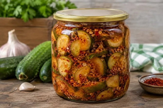 AI generated photo/Cucumbers with hot pepper