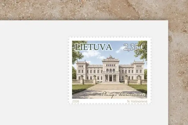 Žemaitijos Versalis featured on a postage stamp: commemorating the Plungė manor palace
